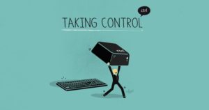 A picture of a person picking up a large control key from a keyboard and holding it over their head and walking away from the keyboard with the words 'taking control' at the top of the picture