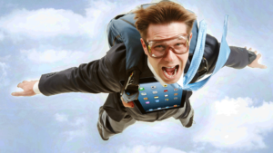 A man flying in the clouds with an ipad attached to his chest looking panicked.